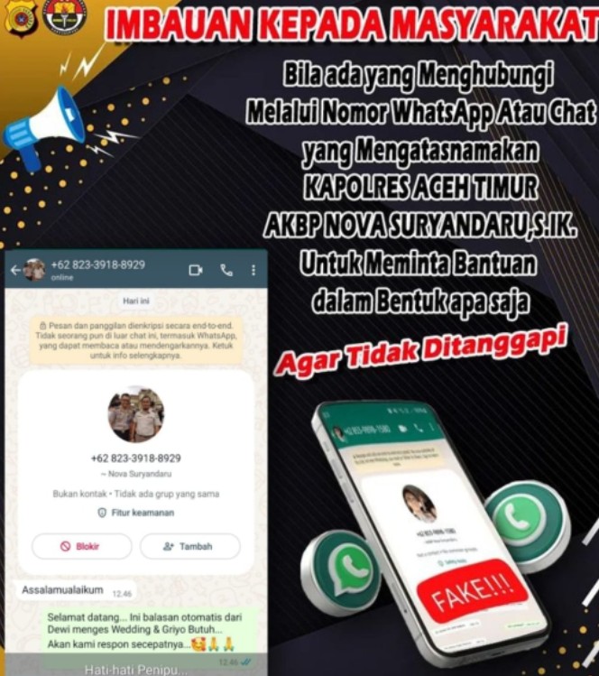 Hati Hati Terhadap Akun WhatsApp Mengatasnamakan Kapolres Aceh Timur