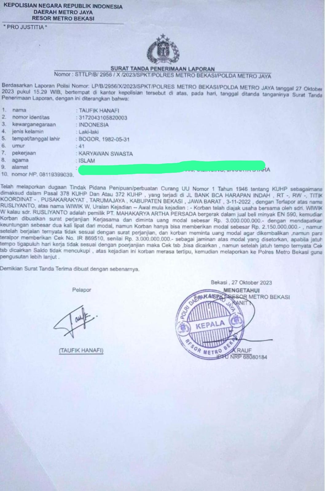 Kasus Penipuan Rp.3 Miliar Oleh PT. Mahakarya Artha Persada Mandek Di Polres Metro Bekasi