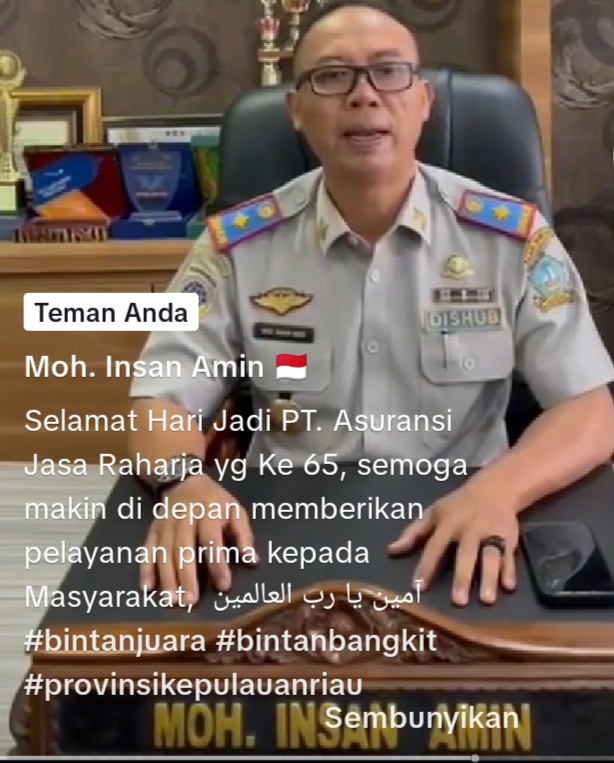Kadishub Bintan Moh. Insan Amin Ucapkan Selamat HUT ke-65 Jasa Raharja Melalui Sebuah Video Resmi yang Beredar di Media Sosial
