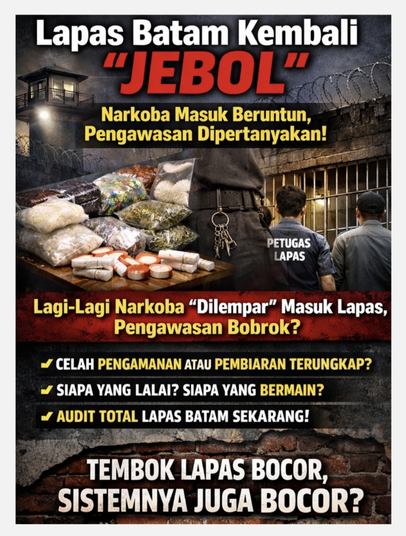 Lapas Batam Kembali “Jebol”: Narkoba Masuk Beruntun, Pengawasan Dipertanyakan