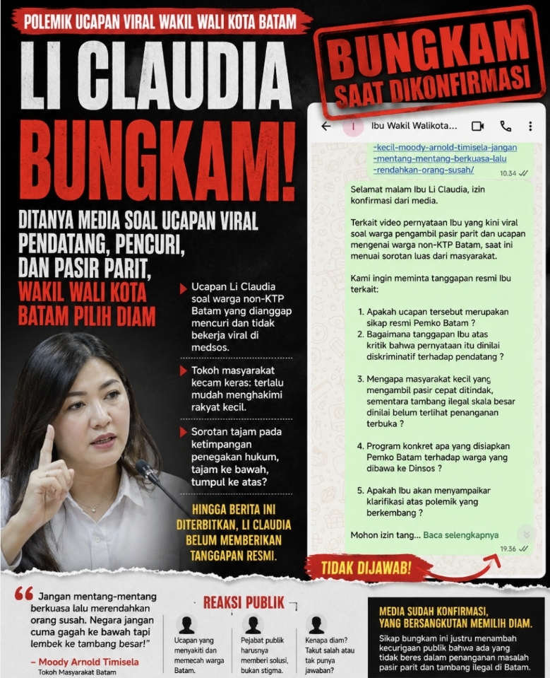 LI CLAUDIA BUNGKAM! Usai Ucapan Viral Soal Pendatang dan Pencuri Tuai Kecaman, Wakil Wali Kota Batam Pilih Diam Saat Dimintai Klarifikasi